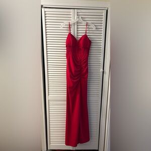 Red Spaghetti-Strap Ruched Prom Dress